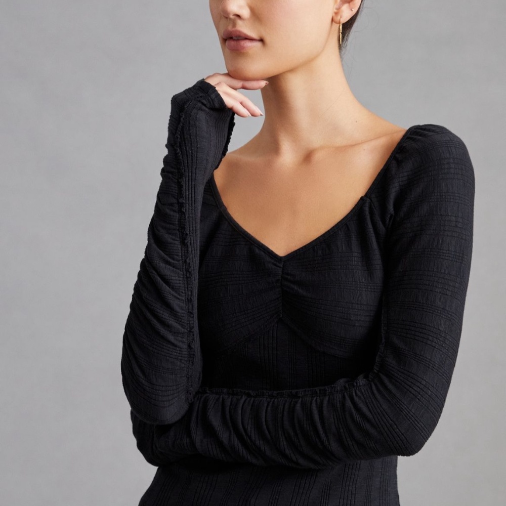 Pilcro Ribbed Ruched-Sleeve Top